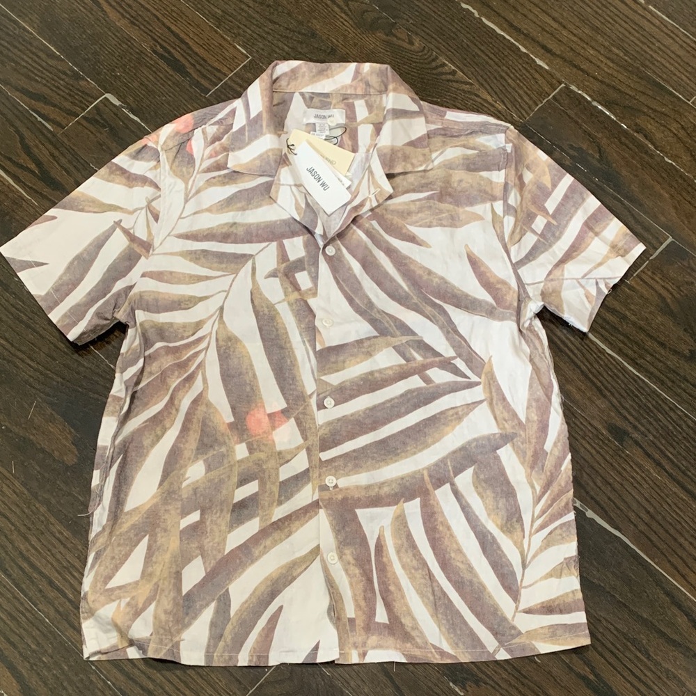 NWT Jason Wu Brown and White Leaf Print Linen Shirt Size M